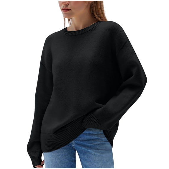 Erwazi Women's Sweater Solid Color Crew Neck Long Sleeve Loose Pullover Tops Winter Cozy Knitted Sweaters with Curved Hem