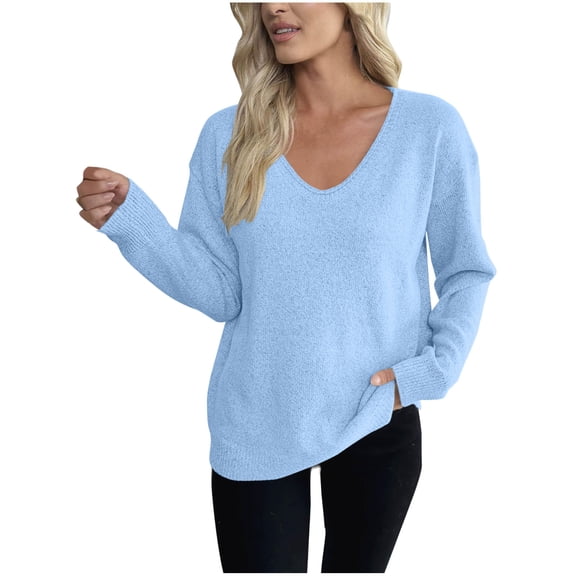 Erwazi Women's Sweaters Long Solid Color Sweater Fall Winter V Neck Long Sleeve Warm Soft Knitted Pullover