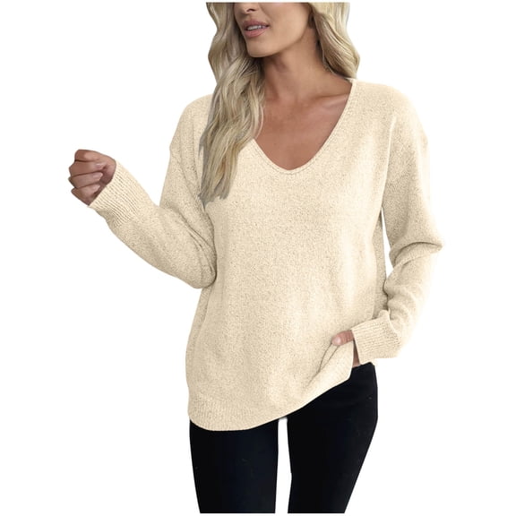 Erwazi Women's Sweaters Long Solid Color Sweater Fall Winter V Neck Long Sleeve Warm Soft Knitted Pullover
