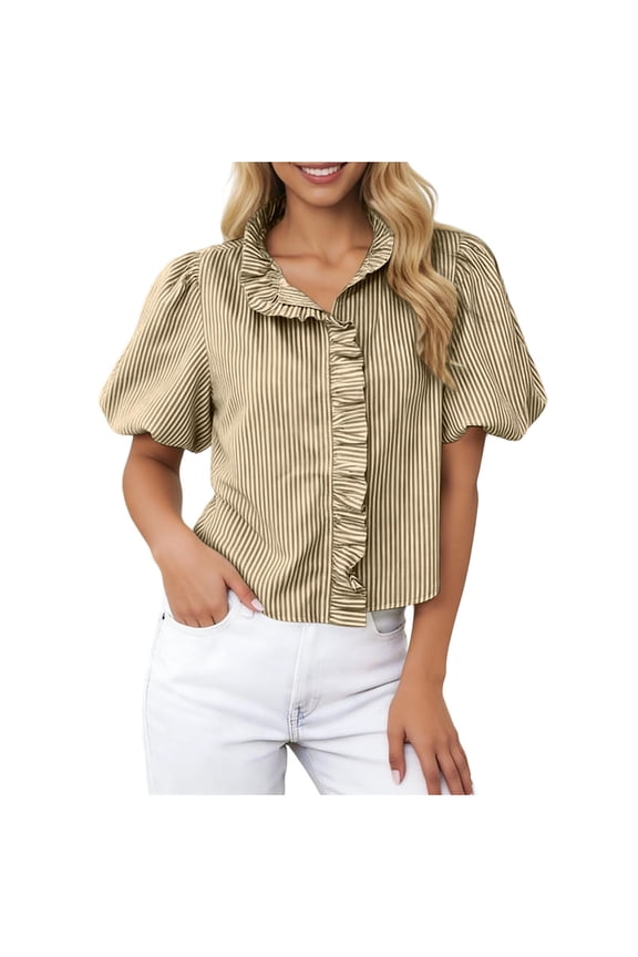Women's Tops Striped Puff Short Sleeve Collared Neck Ruffle Trim Casual Loose Fit Summer Cute Blouse Top