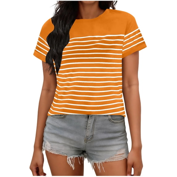 Erwazi Women's Trendy Striped Print T-Shirt Crew Neck Short Sleeve Casual Tee Top