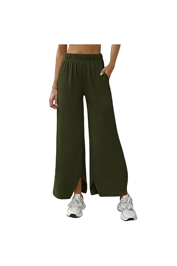 Women's Trendy Wide Leg Pants Solid Elastic Waist Split Hem Casual Long Trousers