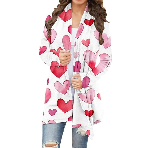 Erwazi Women's Valentine Heart Print Long Cardigan Open Front Lightweight Casual Outerwear