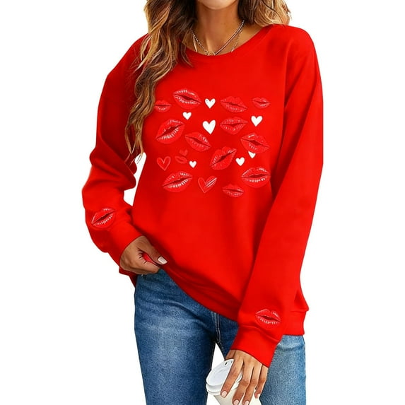 Erwazi Women's Valentine's Day Sweatshirt Crew Neck Lips Heart Print Loose Long Sleeve Casual Cute Top