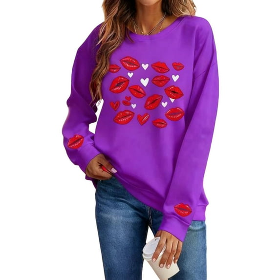 Erwazi Women's Valentine's Day Sweatshirt Crew Neck Lips Heart Print Loose Long Sleeve Casual Cute Top
