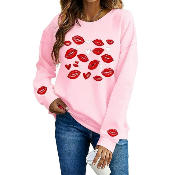 Erwazi Women's Valentine's Day Sweatshirt Crew Neck Lips Heart Print Loose Long Sleeve Casual Cute Top