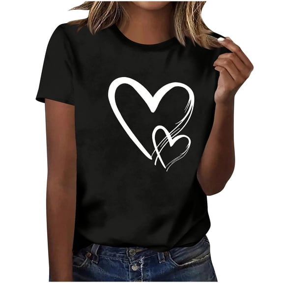 Erwazi Women's Valentine's Day T-Shirt Heart Print Crew Neck Short Sleeve Casual Summer Top