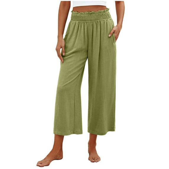 Erwazi Women's Wide Leg Capri Pants Cotton High Elastic Waisted Cropped Palazzo Pants Flowy Casual Loose Capris Beach Trousers with Pockets