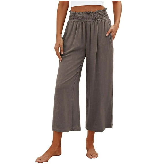 Womens Pants Clearance! Erwazi Women's Wide Leg Capri Pants Cotton High Elastic Waisted Cropped Palazzo Pants Flowy Casual Loose Capris Beach Trousers with Pockets