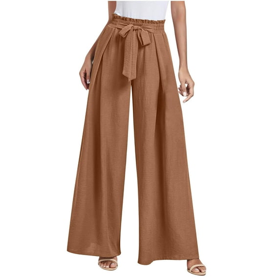 Erwazi Women's Wide Leg Pants Cotton High Waisted Palazzo Pants Work Casual Tie Knot Trousers Flowy Beach Pants with Pockets