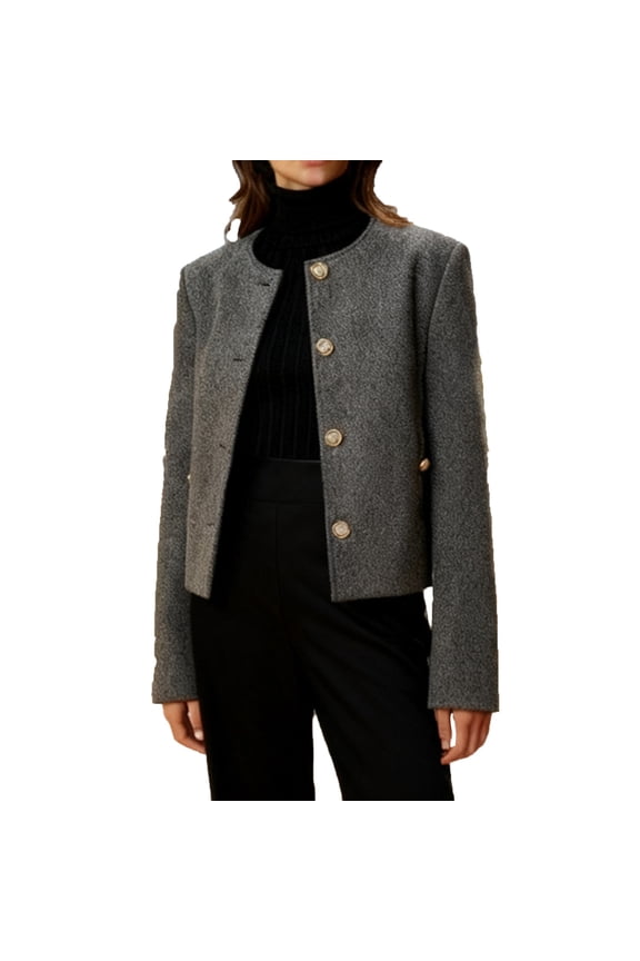 Women's Wool Blend Jacket Cropped Crew Neck Long Sleeve Button Casual Outerwear with Pocket