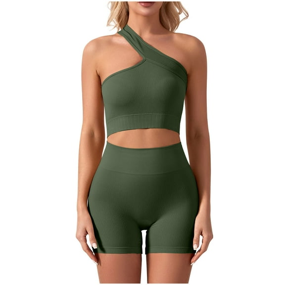 Erwazi Womens 2 Piece Athletic Outfits Set Casual Off Shoulder Cropped Top and Yoga Shorts Tracksuits Sets, Green, M
