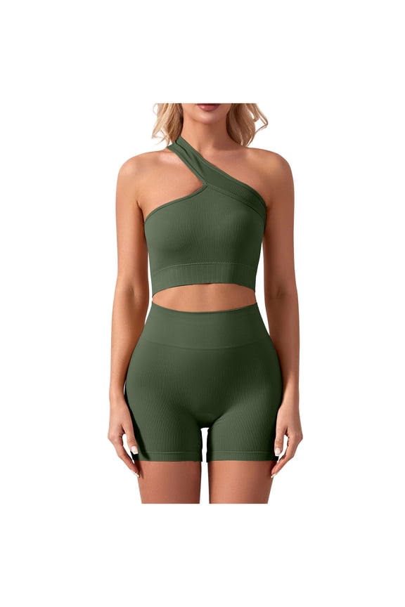 Womens 2 Piece Athletic Outfits Set Casual Off Shoulder Cropped Top and Yoga Shorts Tracksuits Sets, Green, M