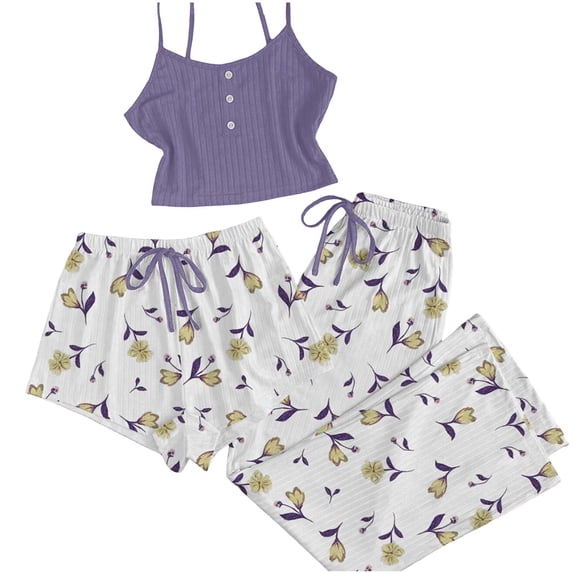 Erwazi Womens 3 Piece Pajama Sets Floral Print Crew Neck Three Piece Set Sleeveless Tank Top Shorts and Long Pants Cute Casual Loungewear Sleep Set