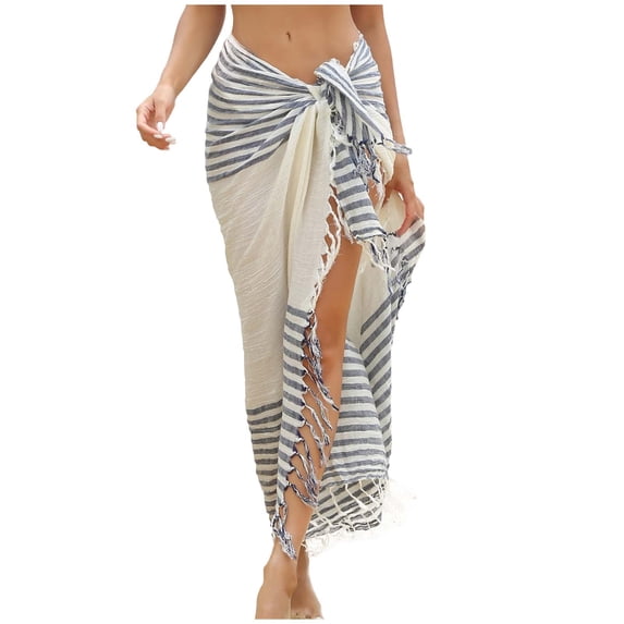 Erwazi Womens Beach Wrap Skirt Striped Tassel Hem Hollow Out Sun Protective Loose Summer Vacation Cover Up