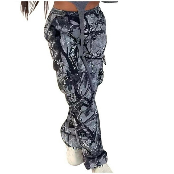 Erwazi Womens Camo Cargo Pants Casual Hiking Travel Pants with Pockets, Gray, L