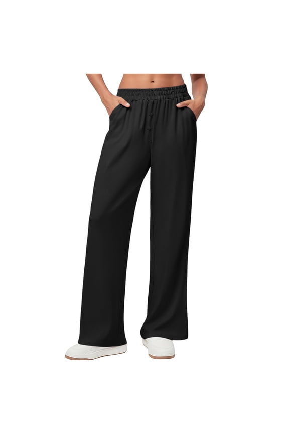 Womens Casual Solid Color Pants Button Fly Elastic Waist Long Trousers with Pockets