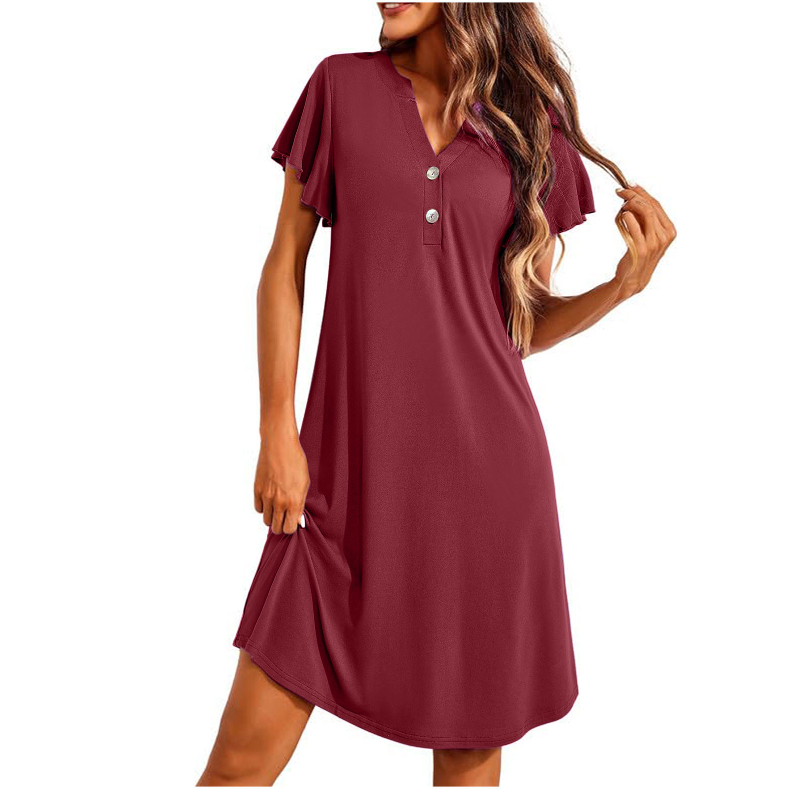 Erwazi Womens Casual Summer Dress V Neck Plain Sun Dresses Short Sleeve