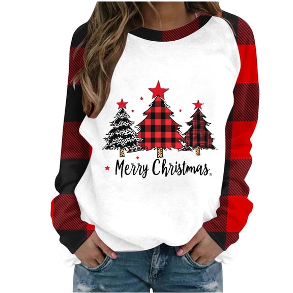 Erwazi Womens Christmas Printed Color Block Long Sleeve T-Shirts Casual Crew Neck Shirt Top
