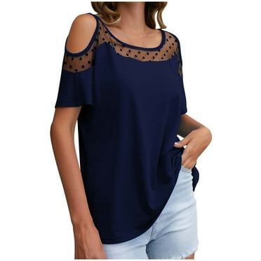 Erwazi Womens Cold Shoulder Tops Summer Short Sleeve Round Neck Mesh Casual Tunic Tee Shirts