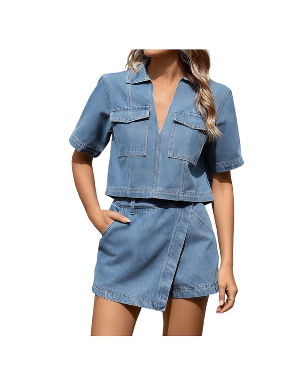 Womens Denim 2 Piece Set Solid V Neck Short Sleeve Top Asymmetrical Bandwaist Skirt Casual Outfit Sets