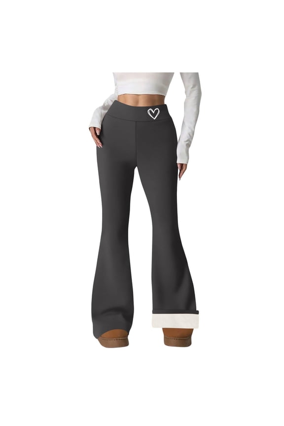Womens Fleece Flared Leggings Casual High Waisted Tummy Control Bell Bottoms Heart-Shaped Print Yoga Pants, Gray, 2XL