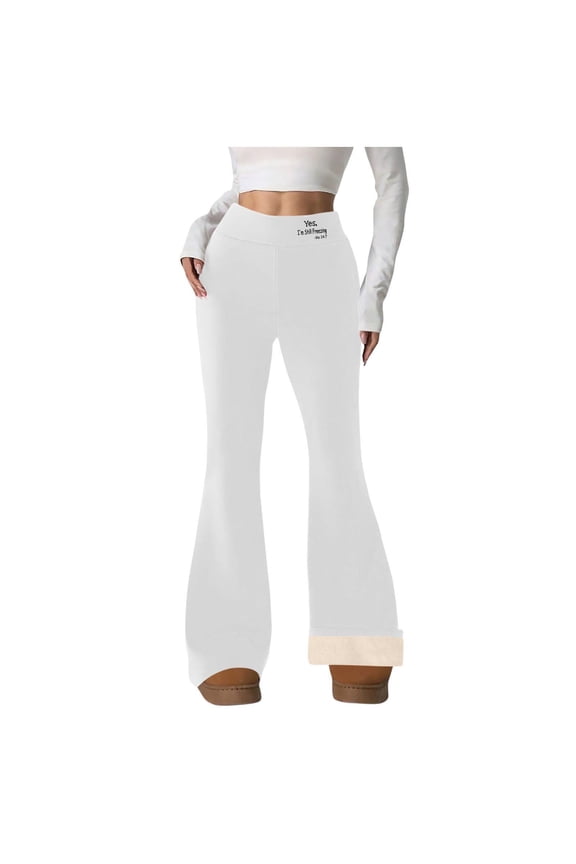 Womens Fleece Flared Leggings Casual High Waisted Tummy Control Bell Bottoms Letter Print Yoga Pants, White, L
