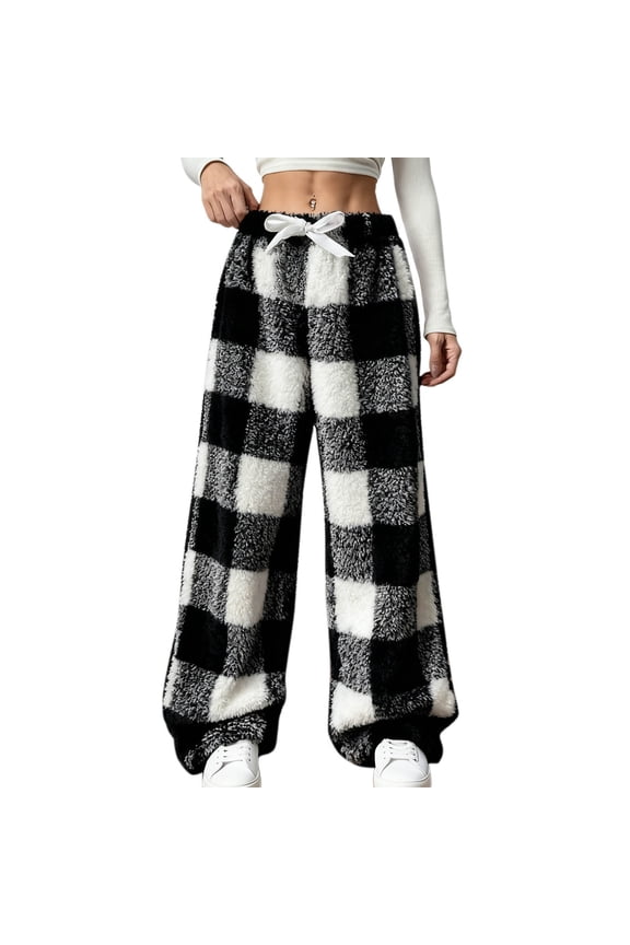 Womens Fluffy Fuzzy Loungewear Pants Plaid Drawstring Trousers Waist Casual Pajamas Pant