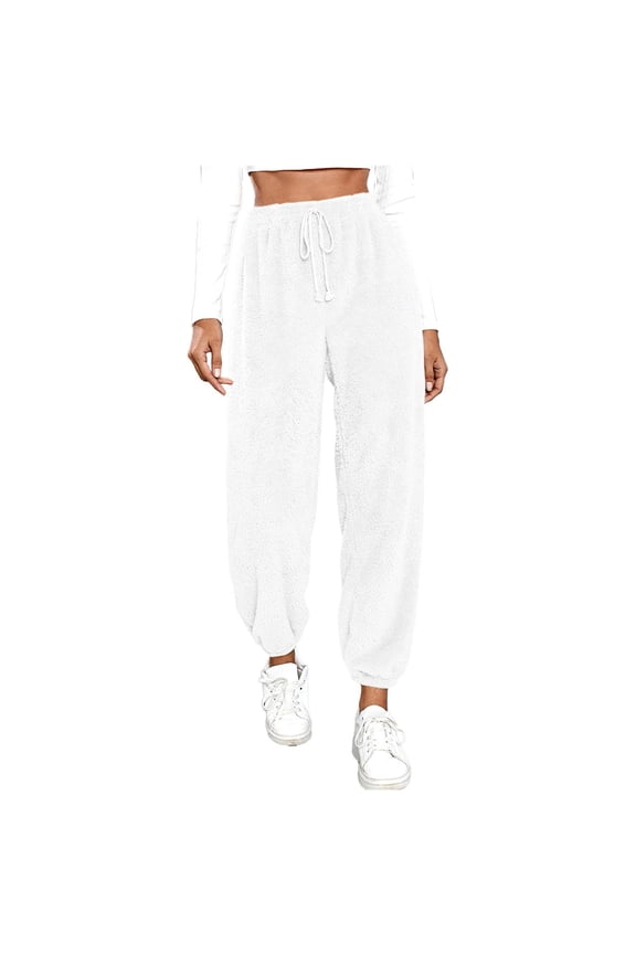 Womens Fluffy Fuzzy Pajama Pants Solid Drawstring Waist Loungewear Pant