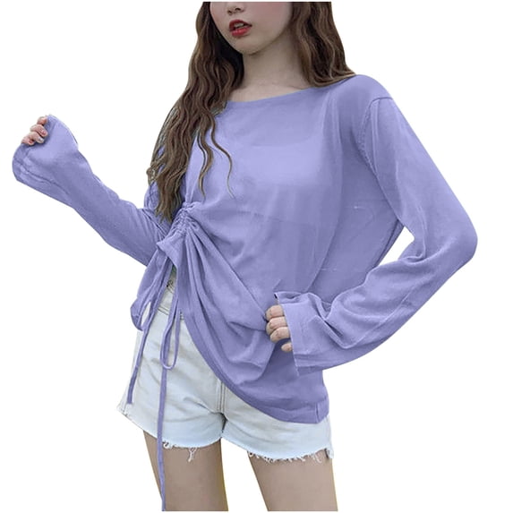 Erwazi Womens Lightweight Sheer Side Tie Swimsuit Cover Up Top Solid Sun Protection Beachwear Coverups