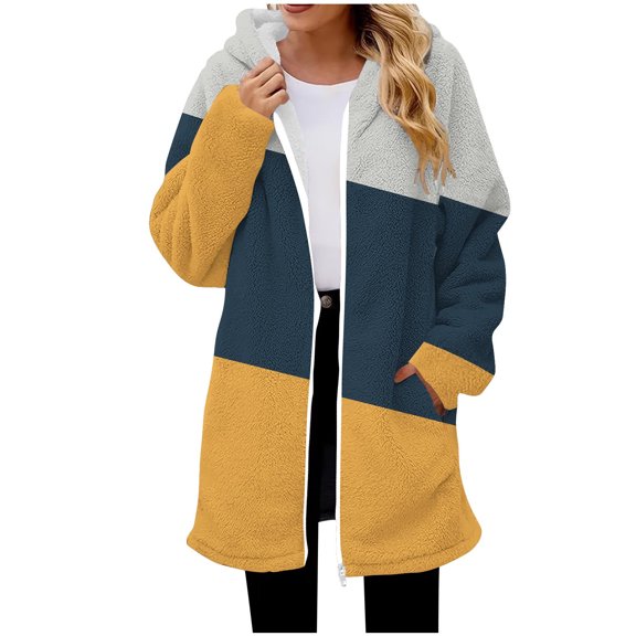 Erwazi Womens Long Fuzzy Fleece Jacket Fall Winter Casual Full Zip Coats Patchwork Hooded Outwear with Pockets