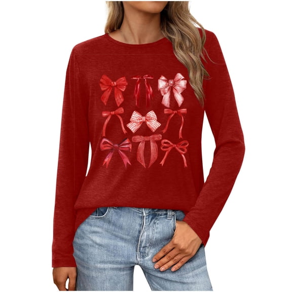 Erwazi Womens Long Sleeve Crew Neck Valentine T Shirts Love Bow Printed Casual Cute Tee Tops