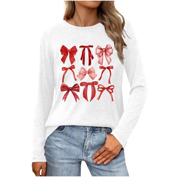 Erwazi Womens Long Sleeve Crew Neck Valentine T Shirts Love Bow Printed Casual Cute Tee Tops