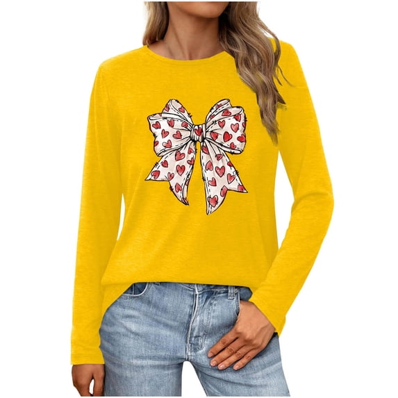Erwazi Womens Long Sleeve Crew Neck Valentine T Shirts Love Bow Printed Casual Cute Tee Tops