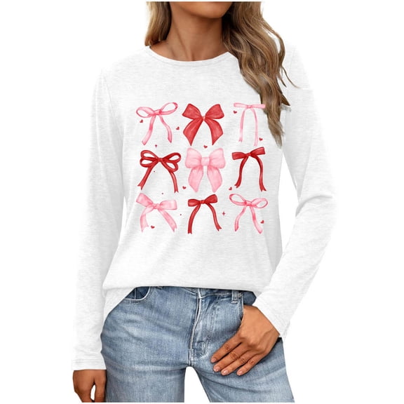 Erwazi Womens Long Sleeve Crew Neck Valentine T Shirts Love Bow Printed Casual Cute Tee Tops