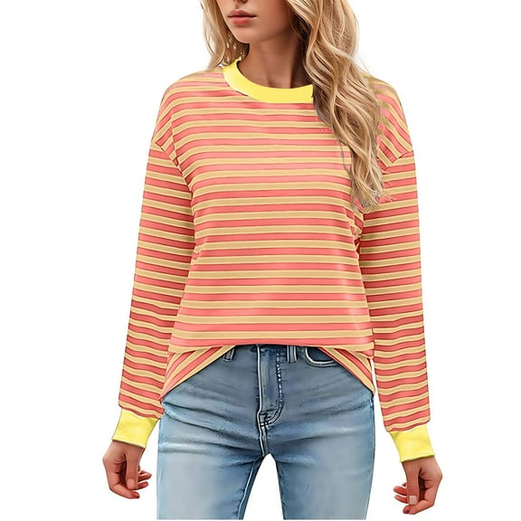 Erwazi Womens Long Sleeve Striped Shirts Loose Fit Casual Crewneck Sweatshirts Lightweight Trendy T-shirts Fall Tops