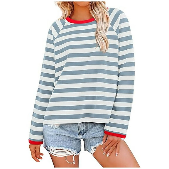 Erwazi Womens Long Sleeve Tops Striped Shirt Crewneck Loose Fit Casual Fall T-Shirt