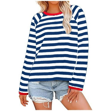 Erwazi Womens Long Sleeve Tops Striped Shirt Crewneck Loose Fit Casual Fall T-Shirt