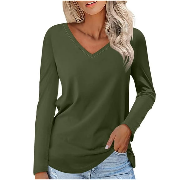 Erwazi Womens Long Sleeve V Neck Shirts Basic Tee Casual Top Fall Trendy Tunic Outfits Fitted T Shirts
