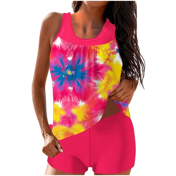 Erwazi Womens Modest Swimsuit Set Printed Crew Neck Tankini Top Tummy Control Boyshort with Padded