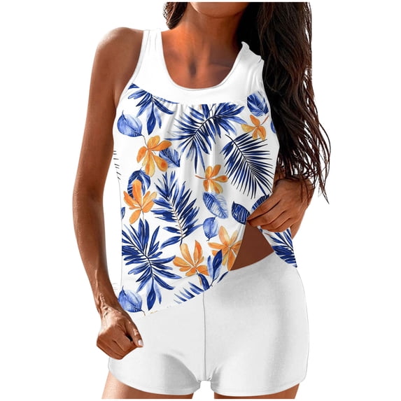 Erwazi Womens Modest Swimsuit Set Printed Crew Neck Tankini Top Tummy Control Boyshort with Padded