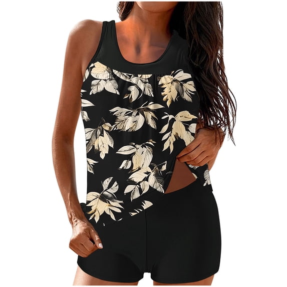 Erwazi Womens Modest Swimsuit Set Printed Crew Neck Tankini Top Tummy Control Boyshort with Padded