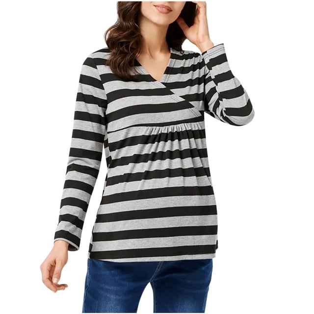 Erwazi Womens Nursing Tops Casual Striped Pullover Tops Maternity Fall Clothes Pregnancy Shirts
