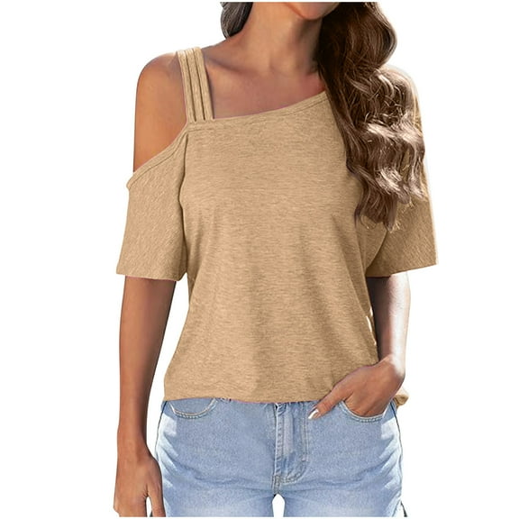 Erwazi Womens One Shoulder Tops Summer Cold Shoulder Shirts Short Sleeve T-Shirts Vacation Loose Casual Tees