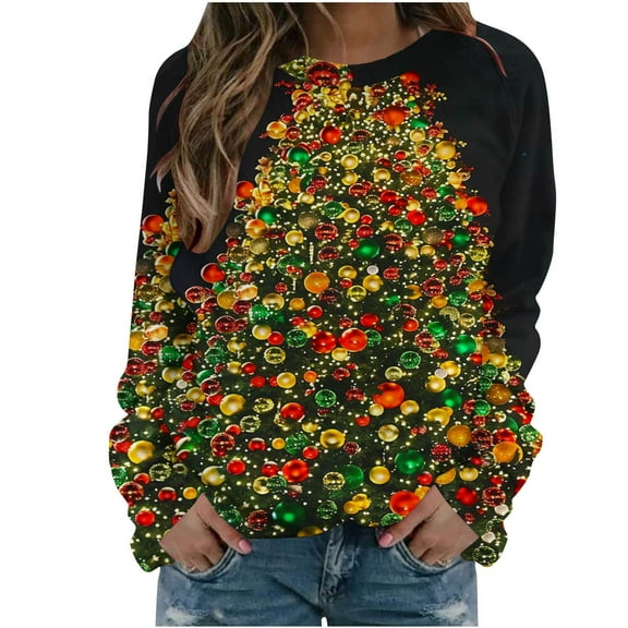 Erwazi Womens Oversized Sweatshirts Pullover Print Casual Crewneck Long Sleeve Tops for Christmas Holiday