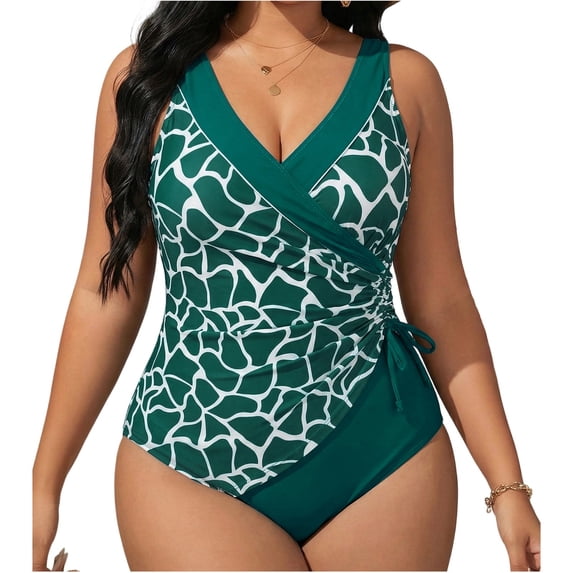 Erwazi Womens Plus Size Printed One Piece Tummy Control Swimsuit Ruffled Front Backless Bathing Suit