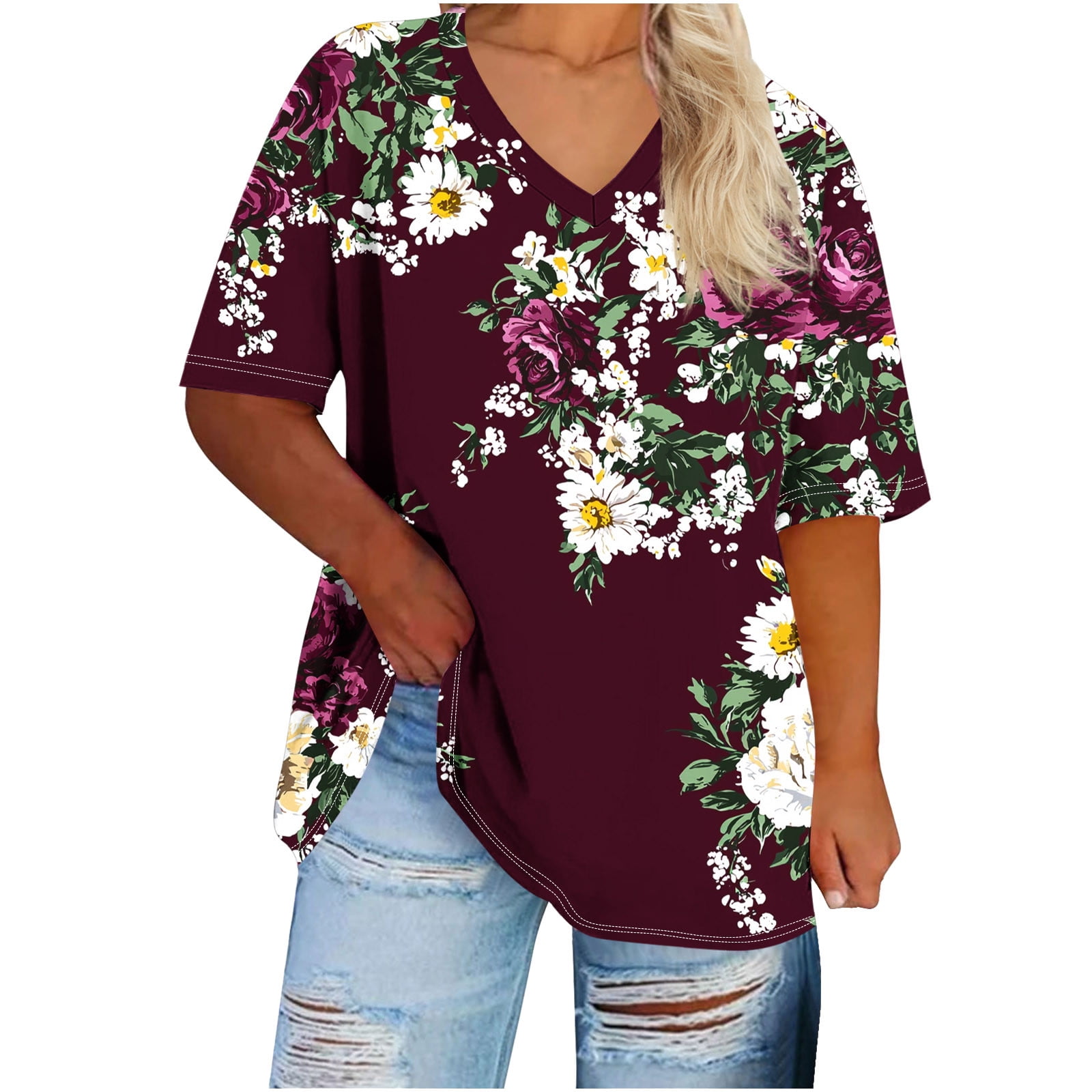 Erwazi Womens Plus Size Tops Floral Printed Summer T Shirts V-Neck ...