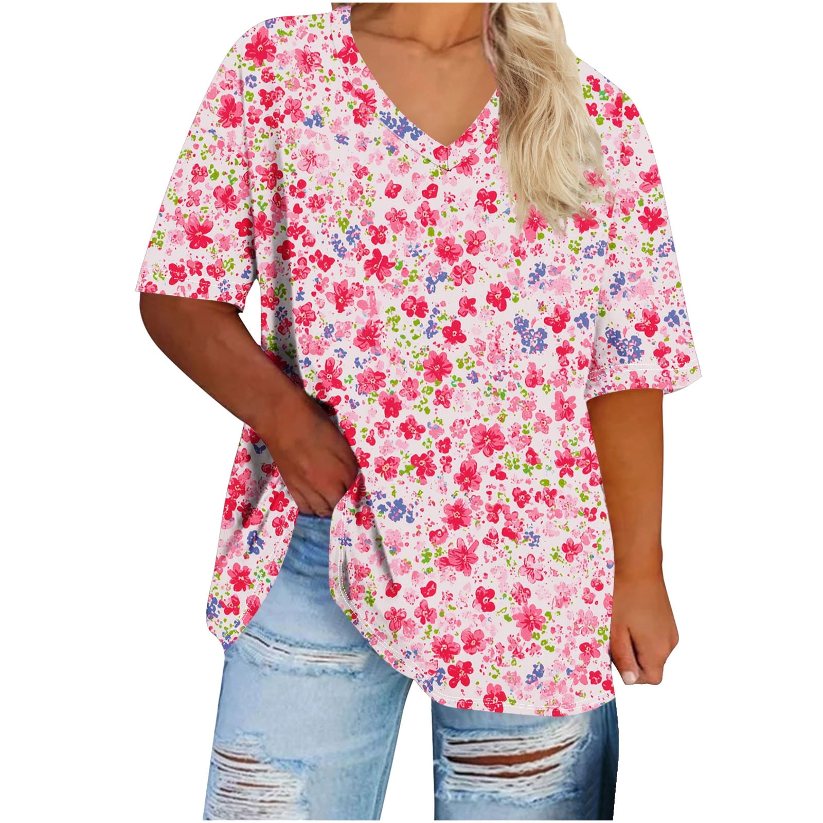 Erwazi Womens Plus Size Tops Floral Printed Summer T Shirts V-Neck ...