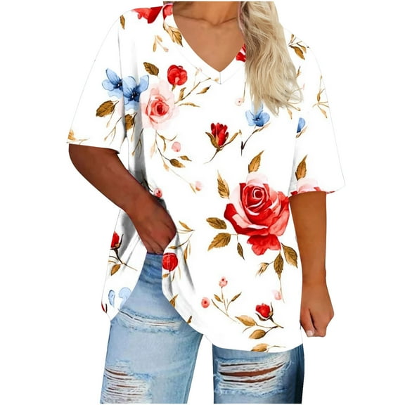 Erwazi Womens Plus Size Tops Floral Printed Summer T Shirts V-Neck Short Sleeve Tunic Tops Oversized Tees Shirts Casual Loose Blouses