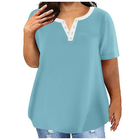 Erwazi Womens Plus Size Tops Summer Blouses Tunic Short Sleeve Button V Neck Dressy Casual Loose Shirts Plain Basic Tees
